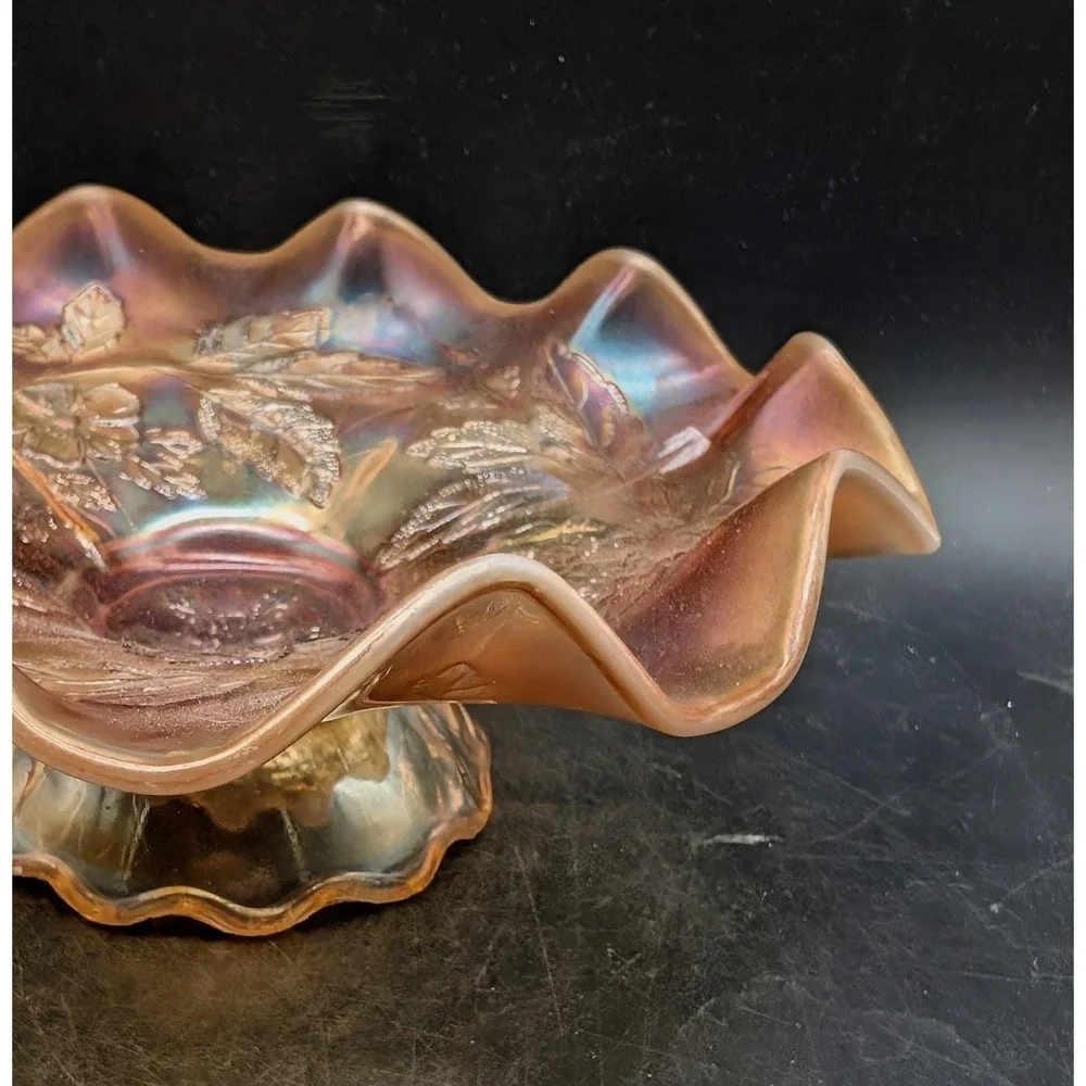 Dugan Dogwood Sprays Marigold‎ Carnival Glass Footed Ruffled Bowl 9